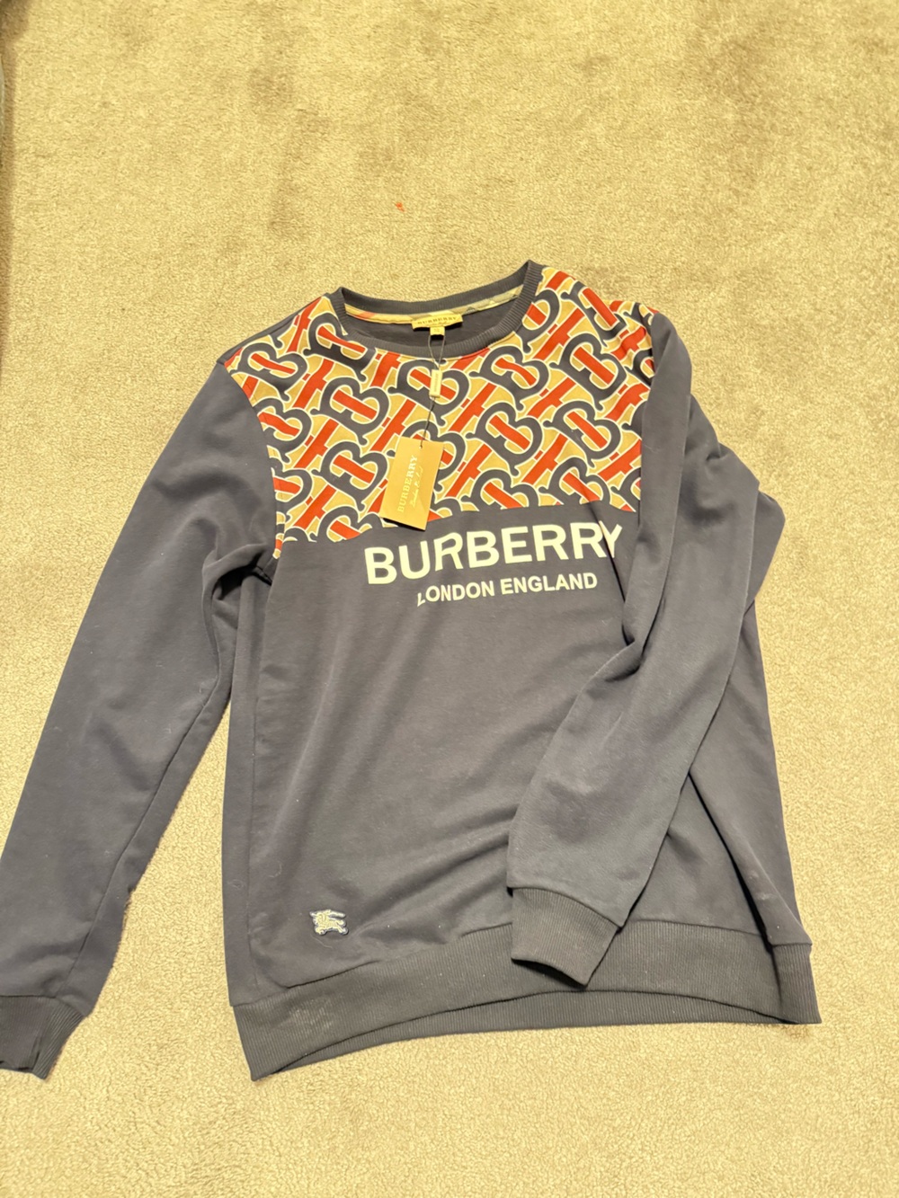2XL NWT Burberry Navy Crewneck Sweatshirt with Red & Tan TB Monogram Panel